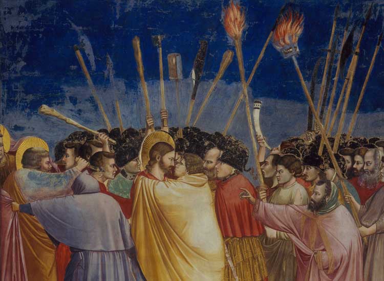 Giotto, Bacio di Giuda (1303-1305 circa), affresco, particolare. Padova, Cappella degli Scrovegni (Scala)